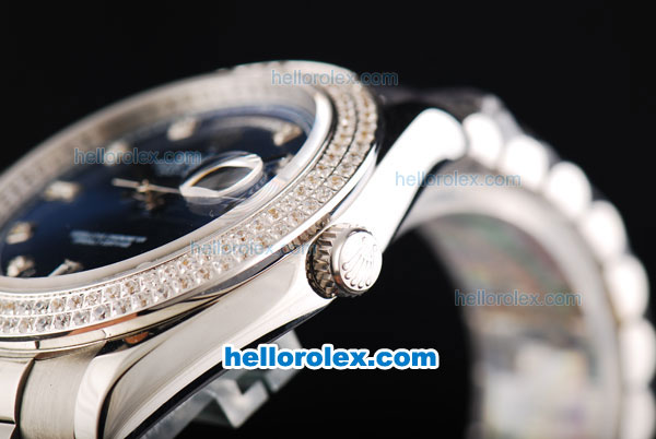 Rolex Day Date II Automatic Movement Full Steel with Double Row Diamond Bezel with Diamond Markers and Blue Dial - Click Image to Close